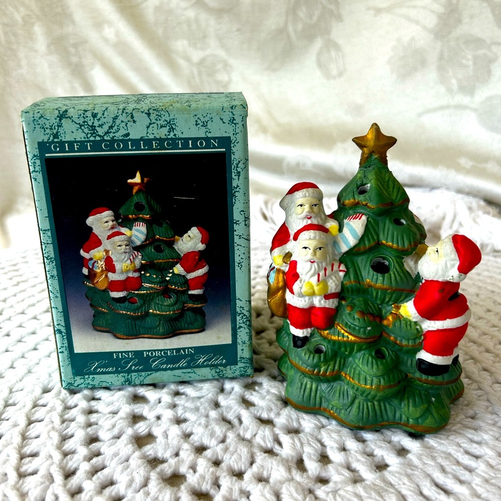 Vintage Santas & Tree Ceramic Votive Candle Holder w/ Original Box